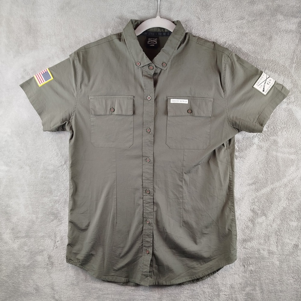 Grunt Style Shirt Large Button Up Short Sleeve Green USA Flag Tactical Patches